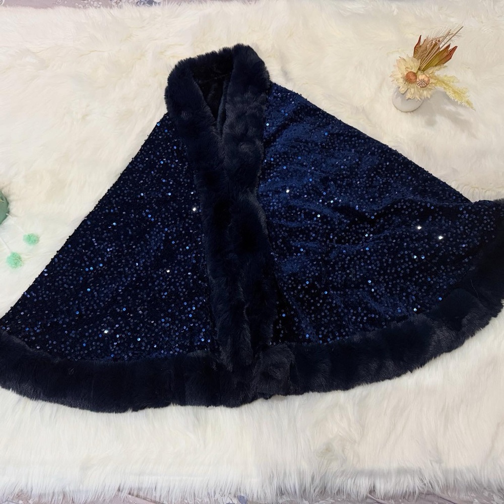 Others Follow Velvety Blue and Black Sparkle Poncho